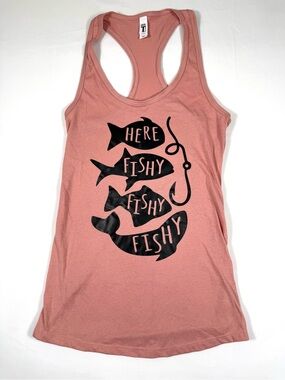 NEW FISHING Womens Here Fishy Fishy Racerback Tank Top XS Fish Hook Angler Lake